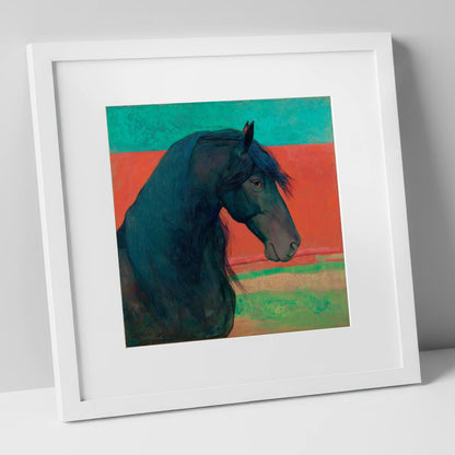 Crimson Horizon Friesian horse breed art print in white frame