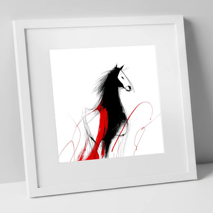 Crimson Equine Silhouette horse portrait art print in white frame