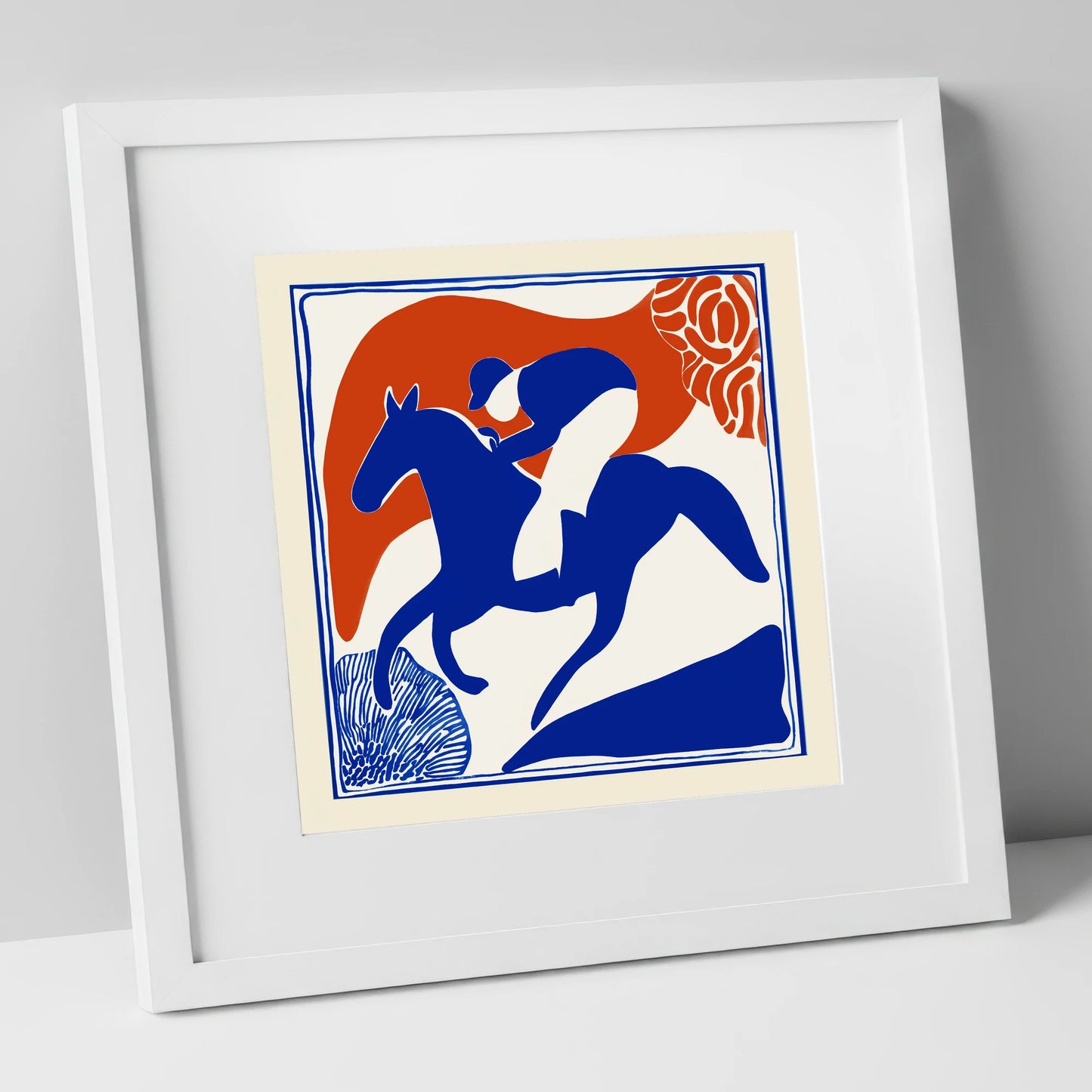 The Cobalt Furlong racing horse art print in white frame