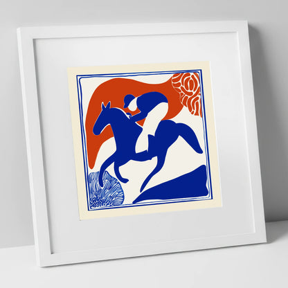 The Cobalt Furlong racing horse art print in white frame