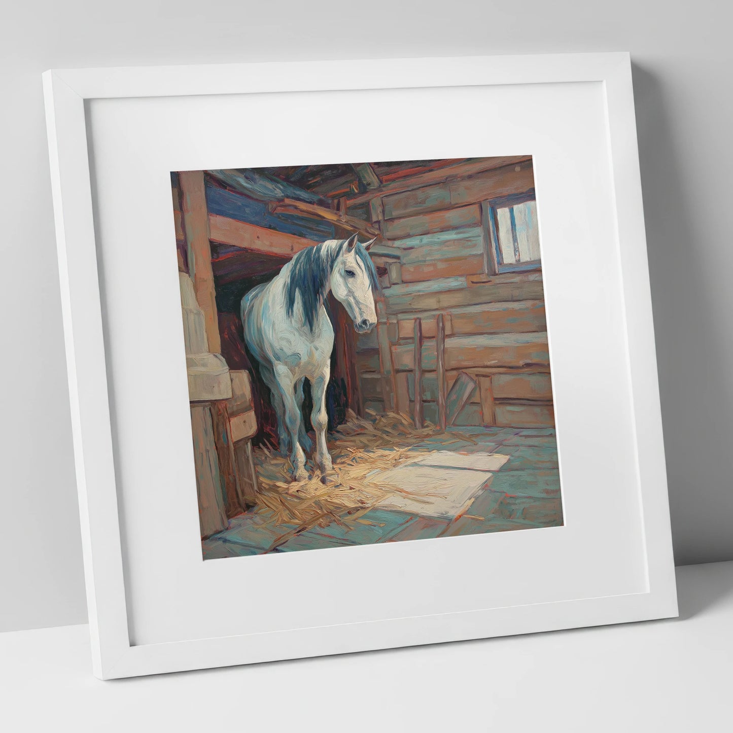 Peaceful Stable Morning horse stable art print in white frame