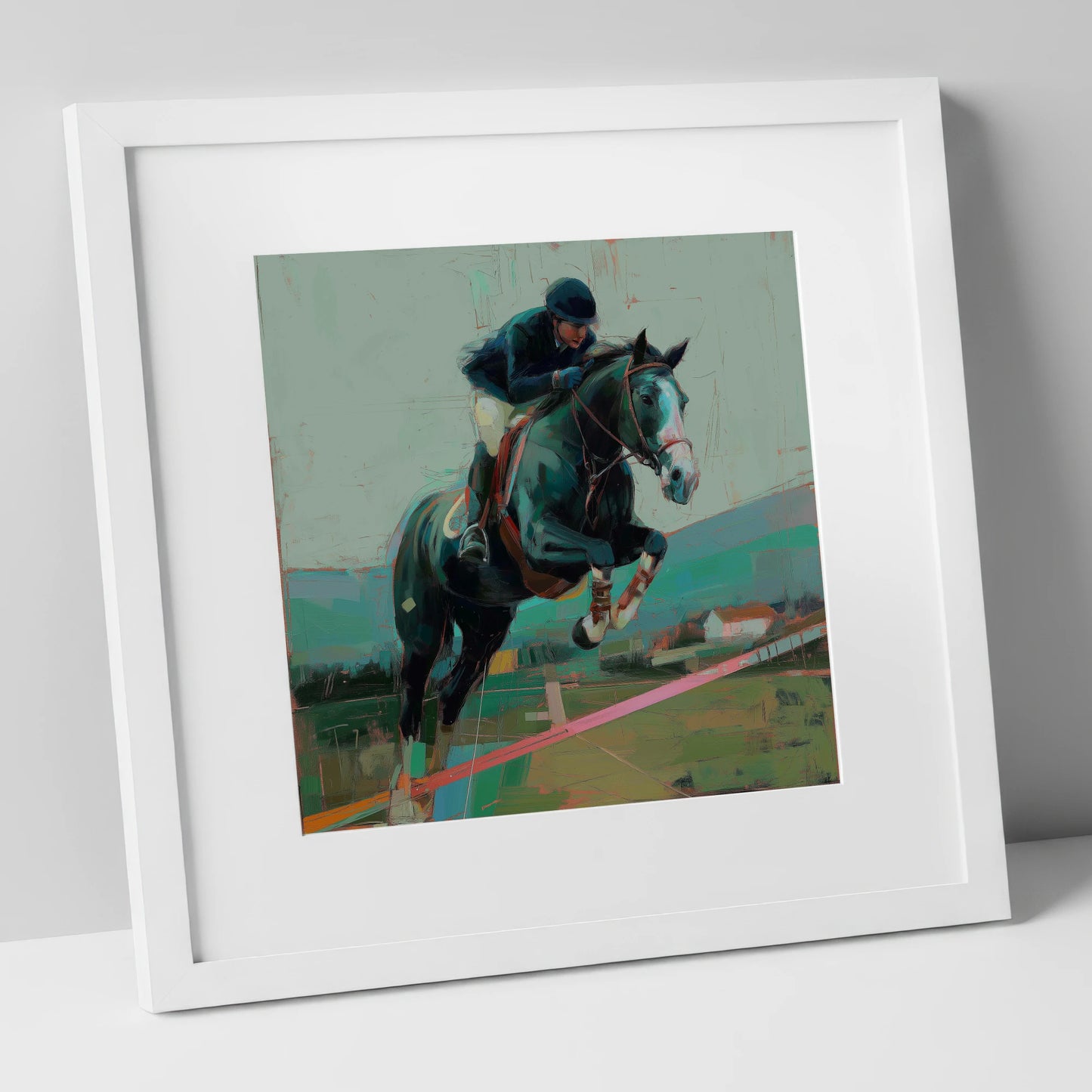 Midnight Flight show jumping horse art print in white frame