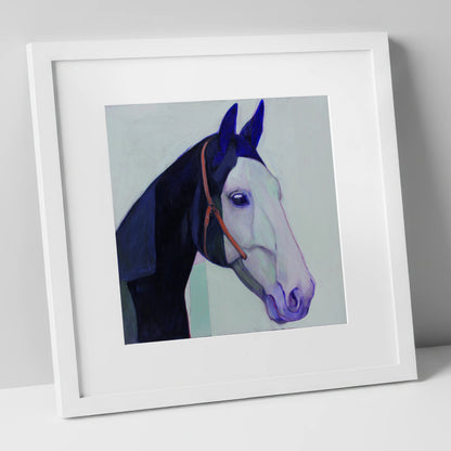 Indigo and Ice horse portrait art print in white frame
