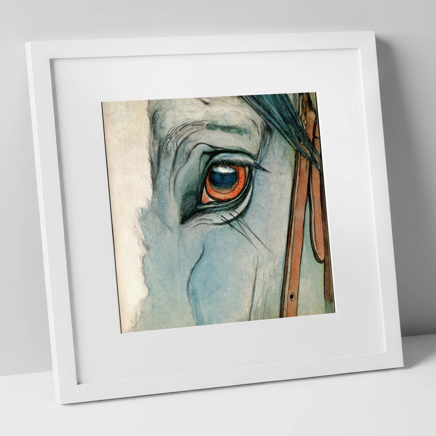 The Amber Gaze horse portrait art print in white frame