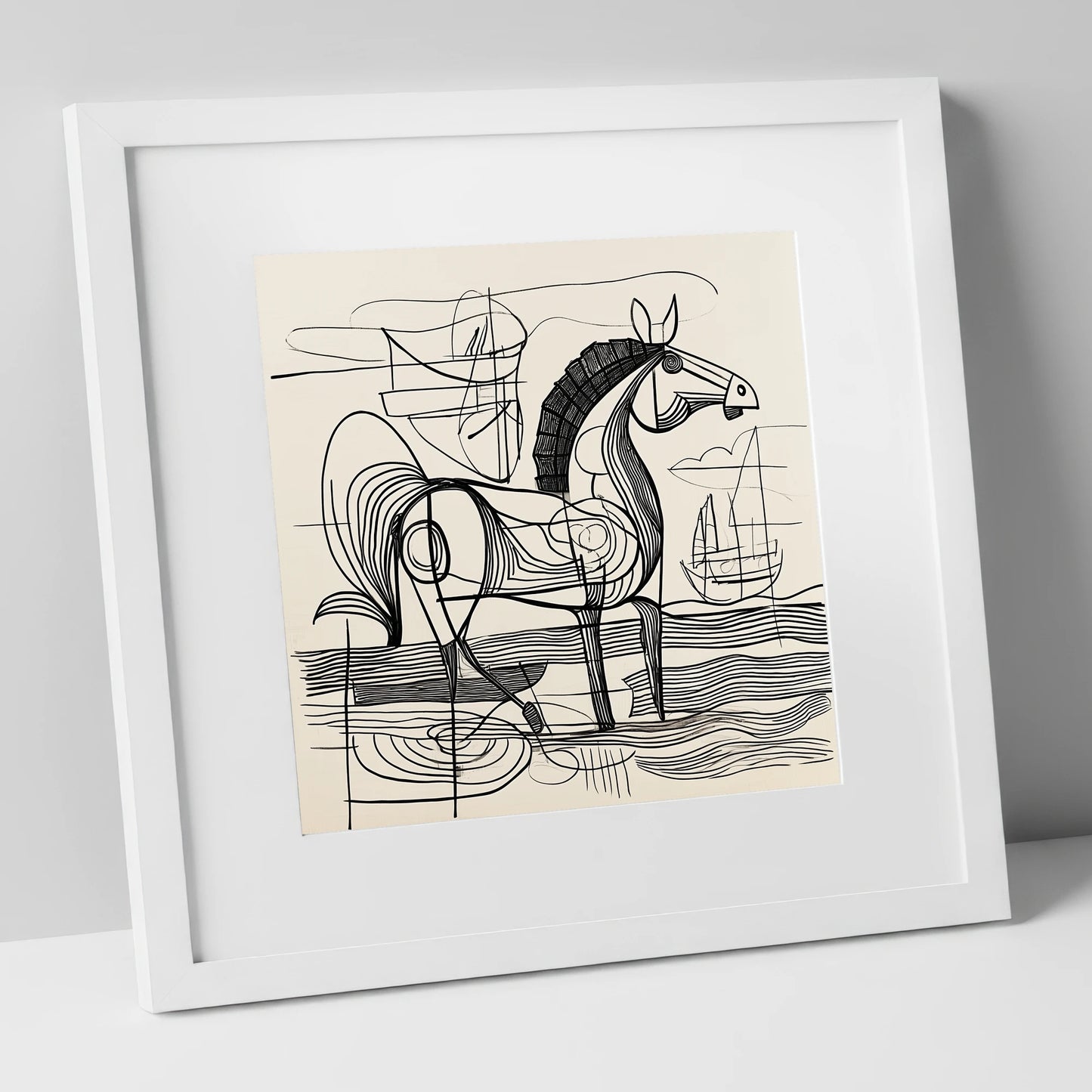Abstract Coastal Equine beach horse art print in white frame