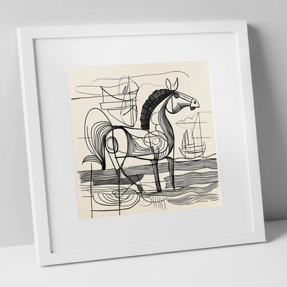 Abstract Coastal Equine beach horse art print in white frame