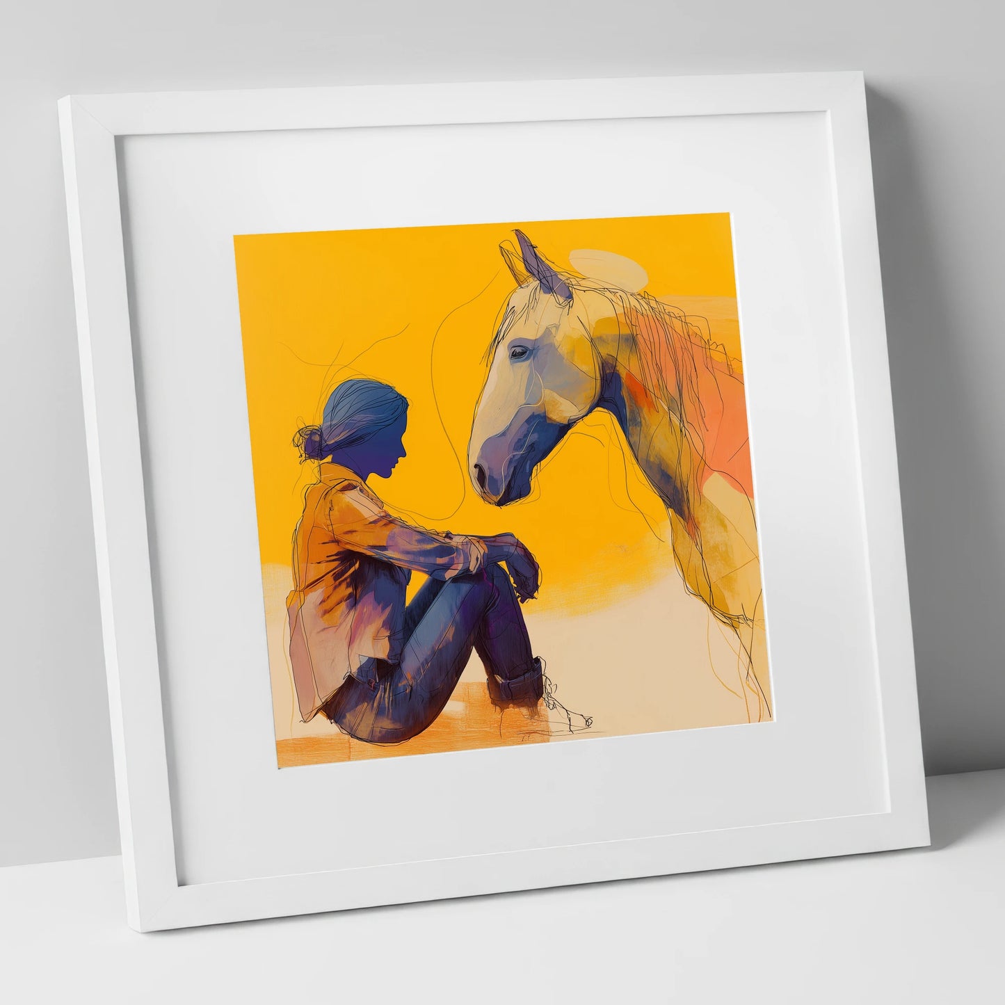 Quiet Communion horse & rider art print in white frame
