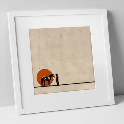 Frontier Sun Silhouette western horse art print in white frame