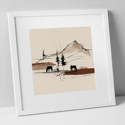 Mountain Pasture Silhouettes horse landscape art print in white frame