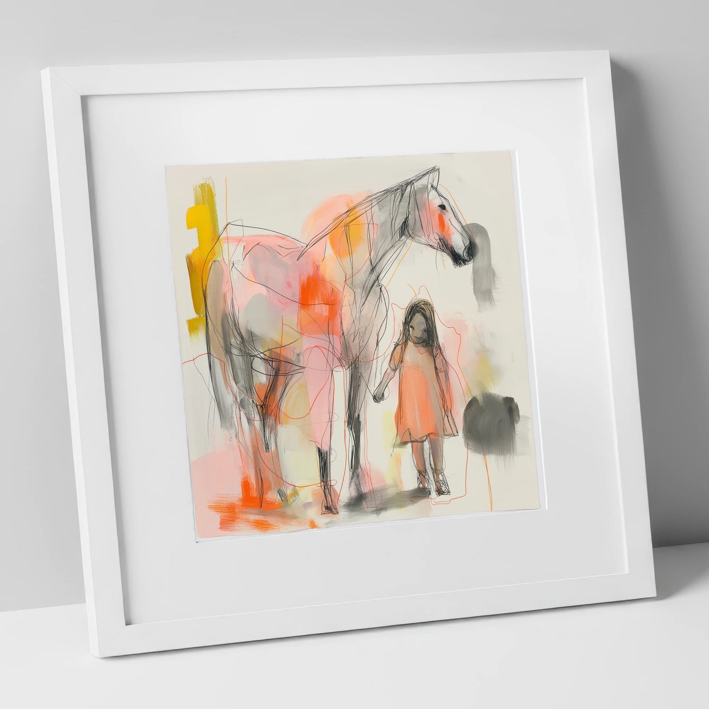 Vibrant First Bond horse & rider art print in white frame
