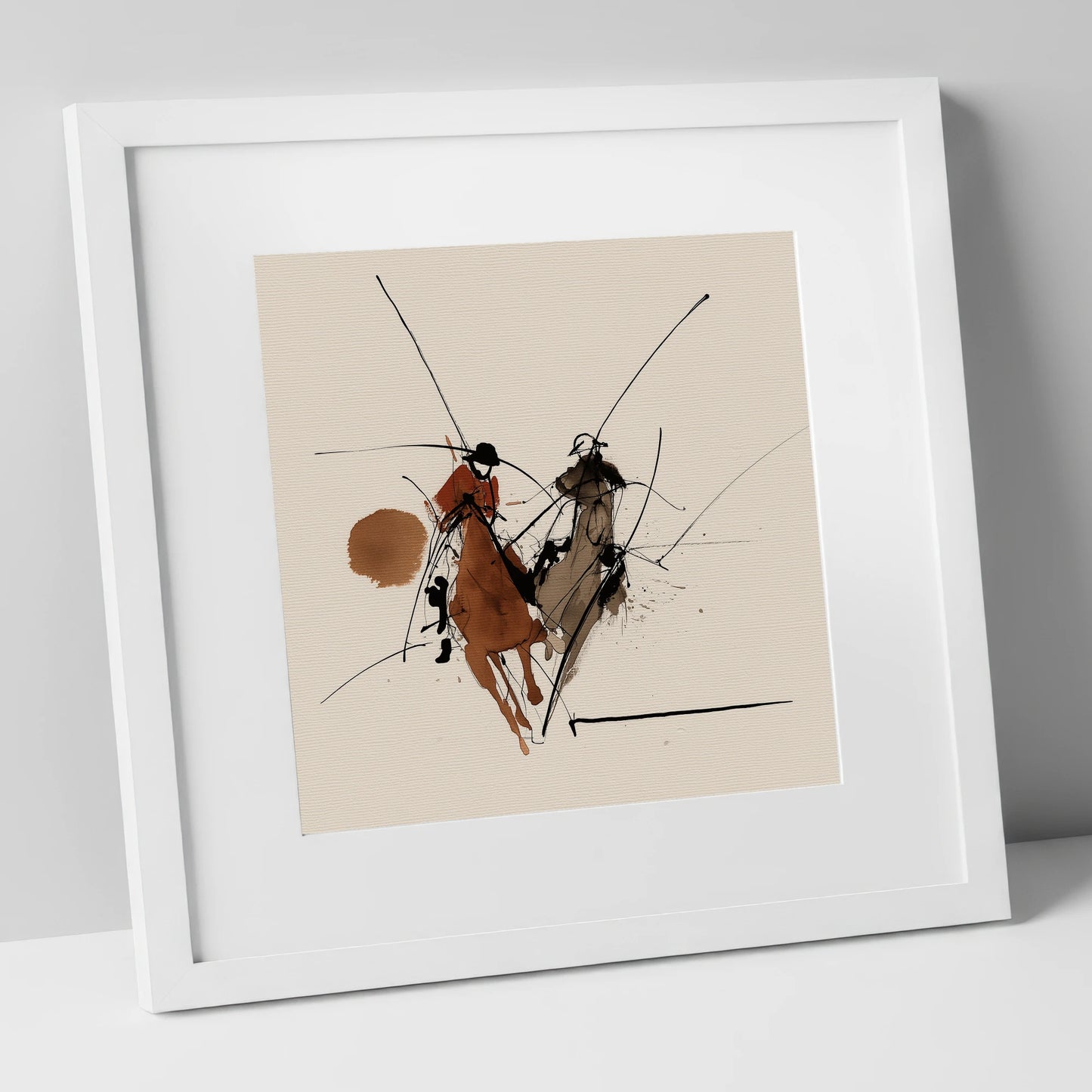 The Ride-Off polo horse art print in white frame