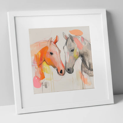 Tender Connection horse portrait art print in white frame