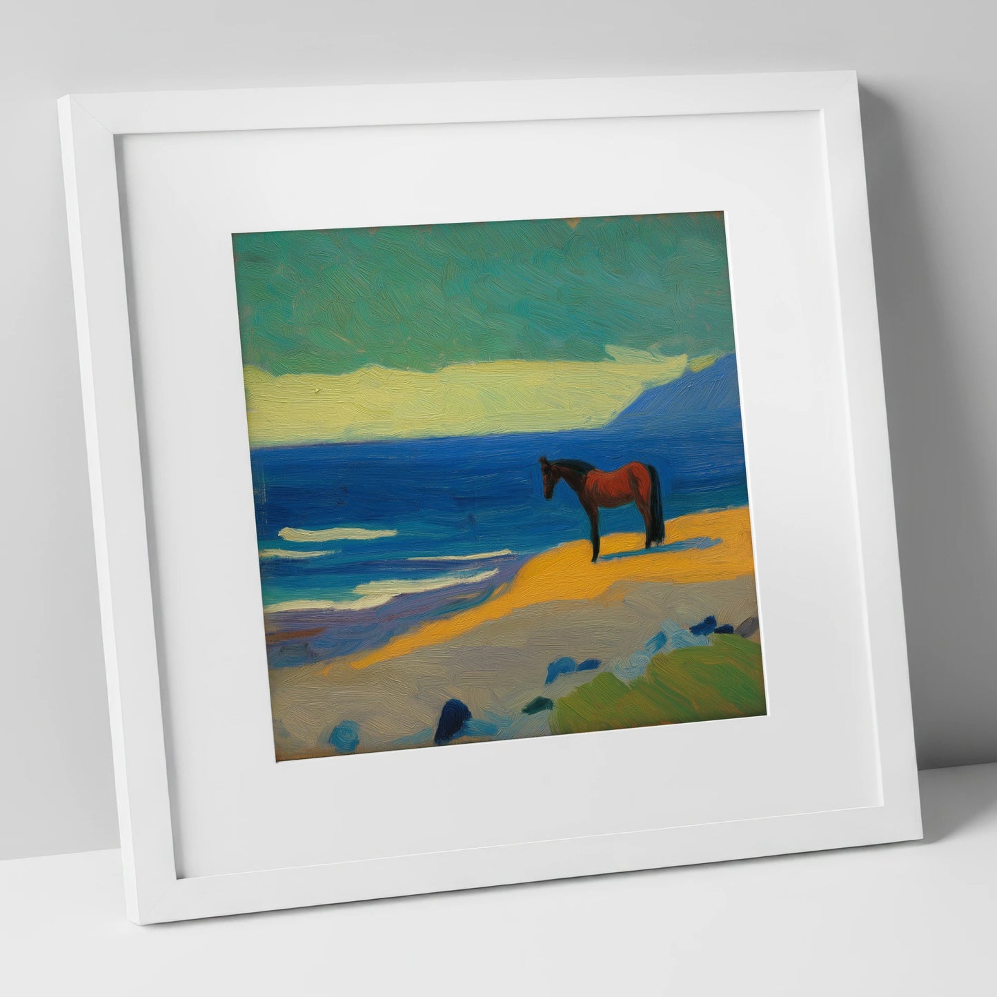 Azure Shoreline Stillness horse landscape art print in white frame