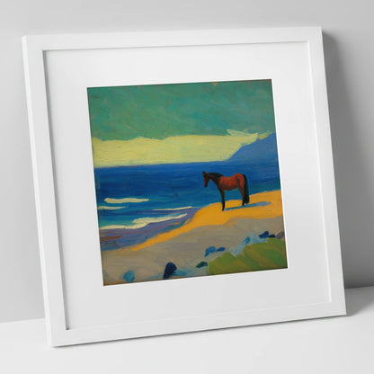 Azure Shoreline Stillness horse landscape art print in white frame