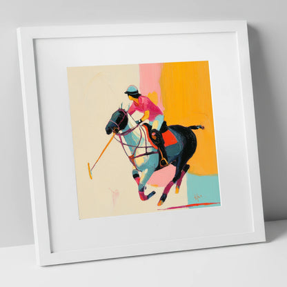 Vibrant Polo Strike polo horse art print in white frame