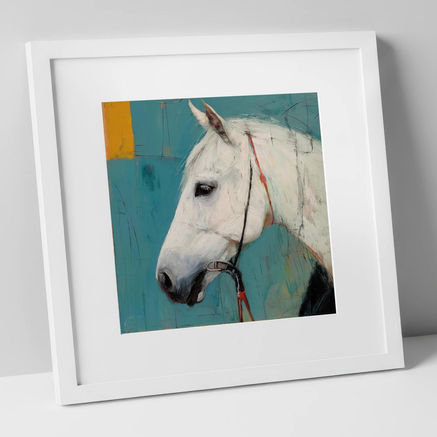 Alabaster Study in Teal horse portrait art print in white frame