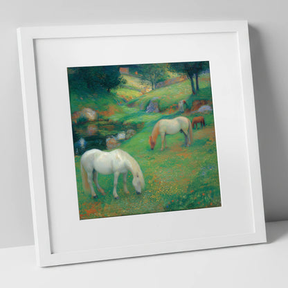 Emerald Valley Pasture horse landscape art print in white frame