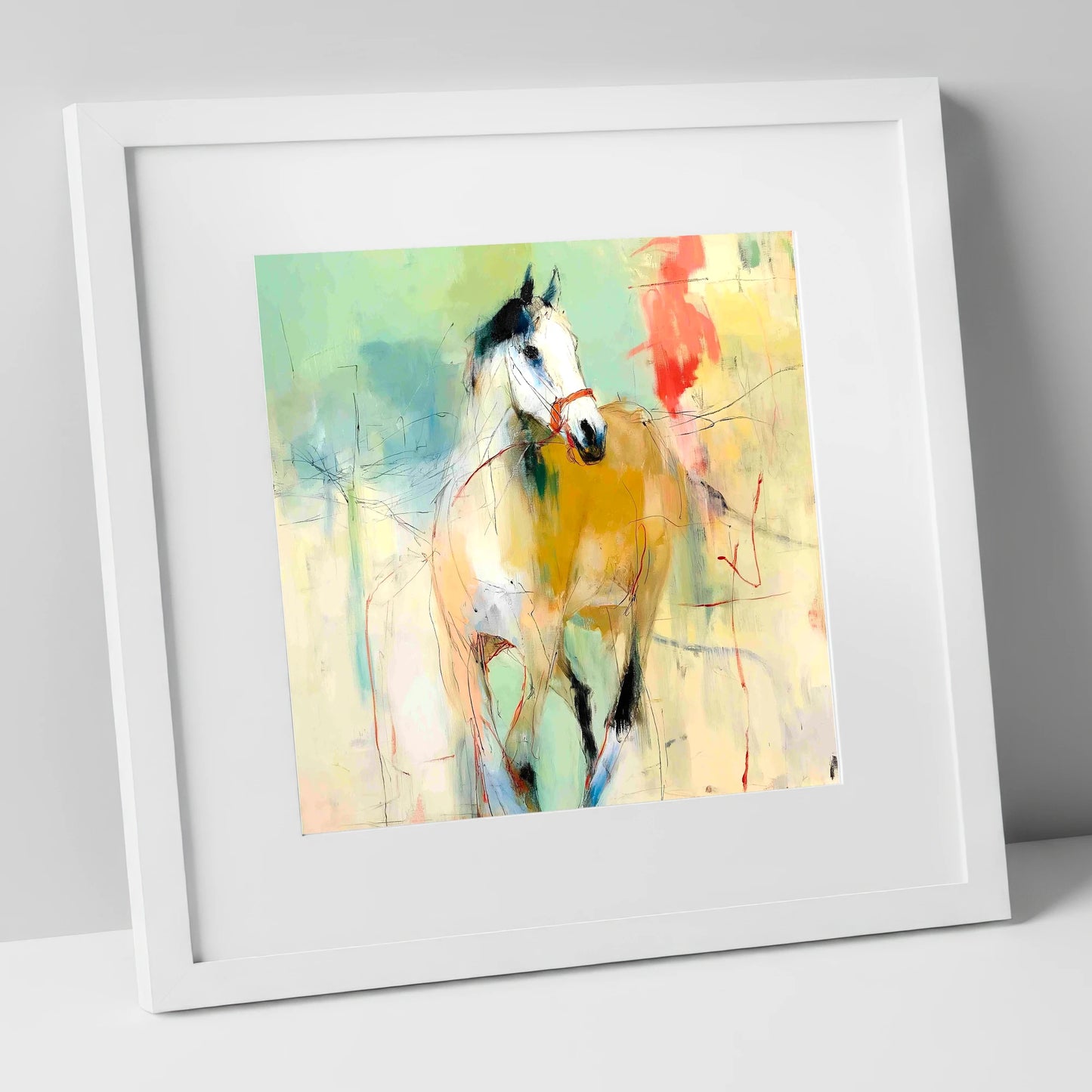 Abstract Paddock Spirit racing horse art print in white frame