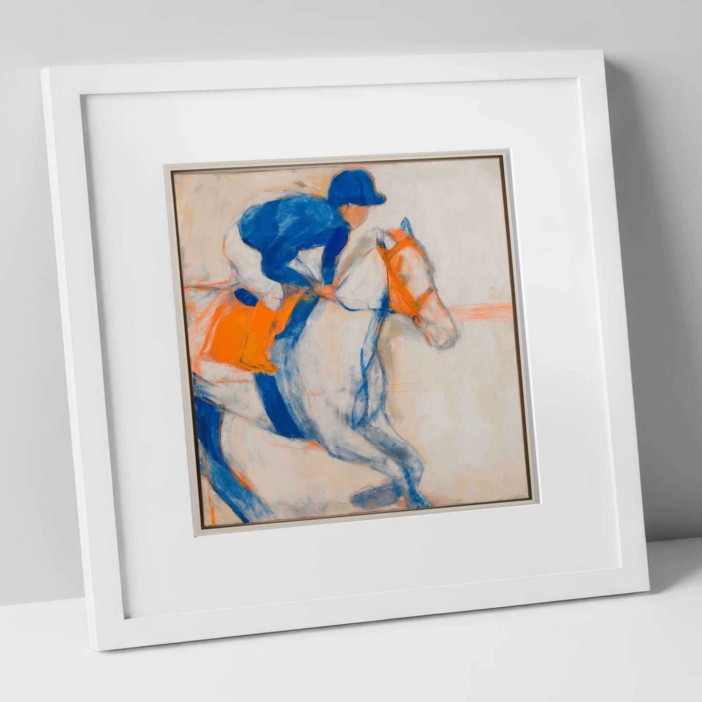 Bold Ultramarine Gallop racing horse art print in white frame