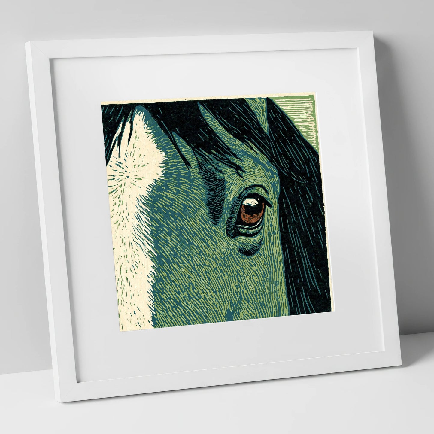 The Watchful Gaze horse portrait art print in white frame