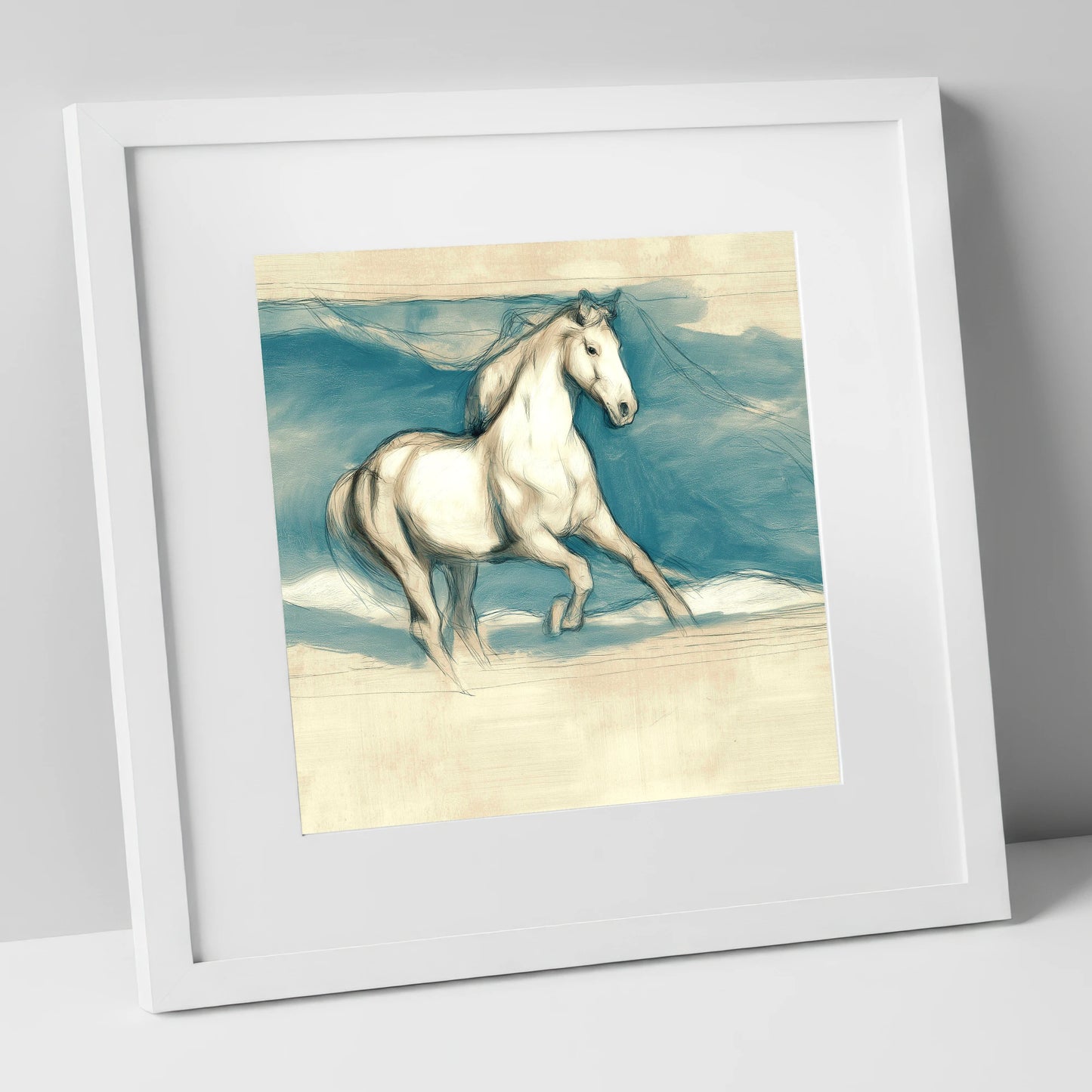 Ethereal Grey Canter horse portrait art print in white frame