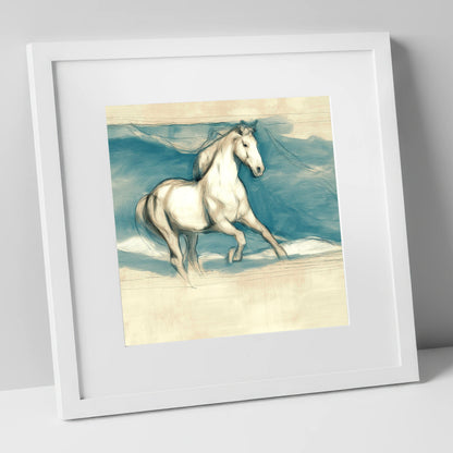 Ethereal Grey Canter horse portrait art print in white frame