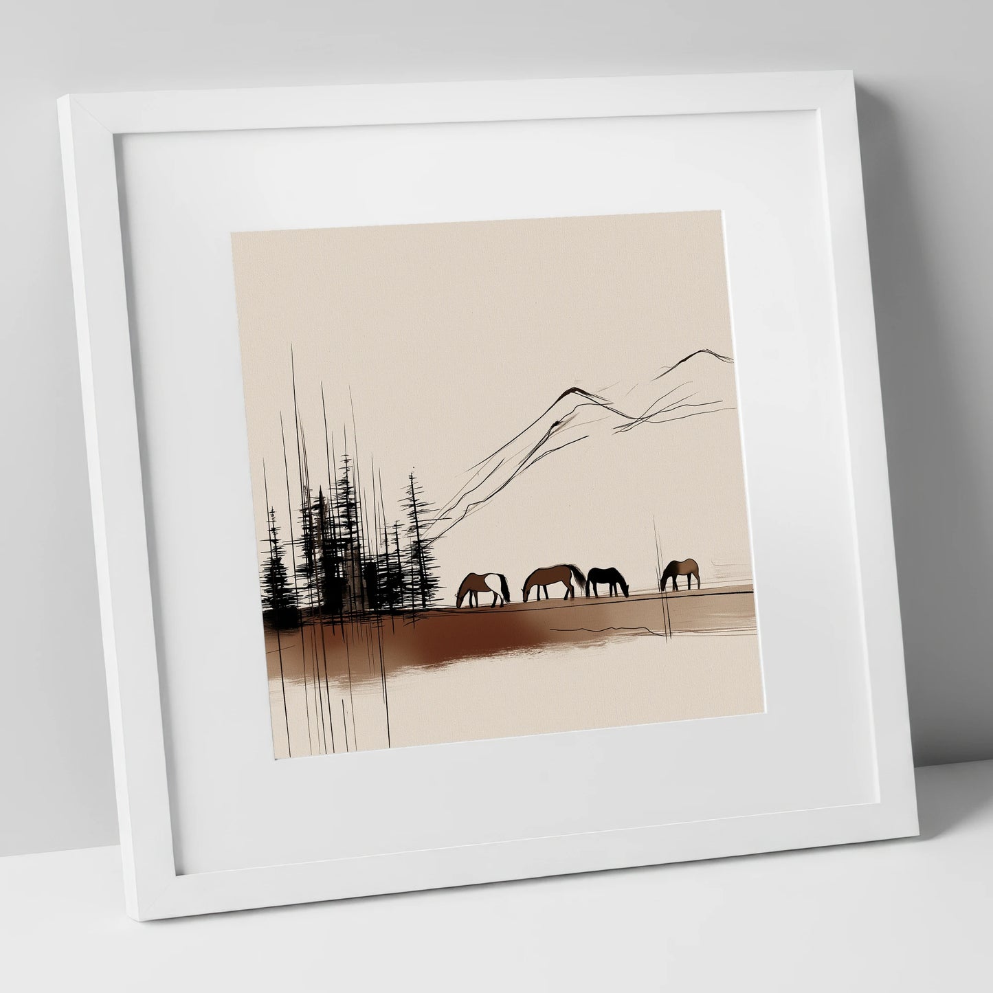 Grazing Beneath the Pines horse landscape art print in white frame