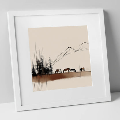Grazing Beneath the Pines horse landscape art print in white frame