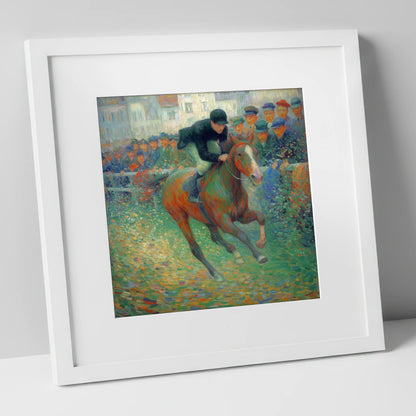 The Finishing Straight racing horse art print in white frame