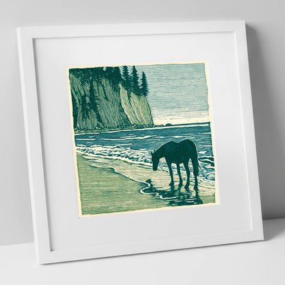 Coastal Waters Retreat horse landscape art print in white frame