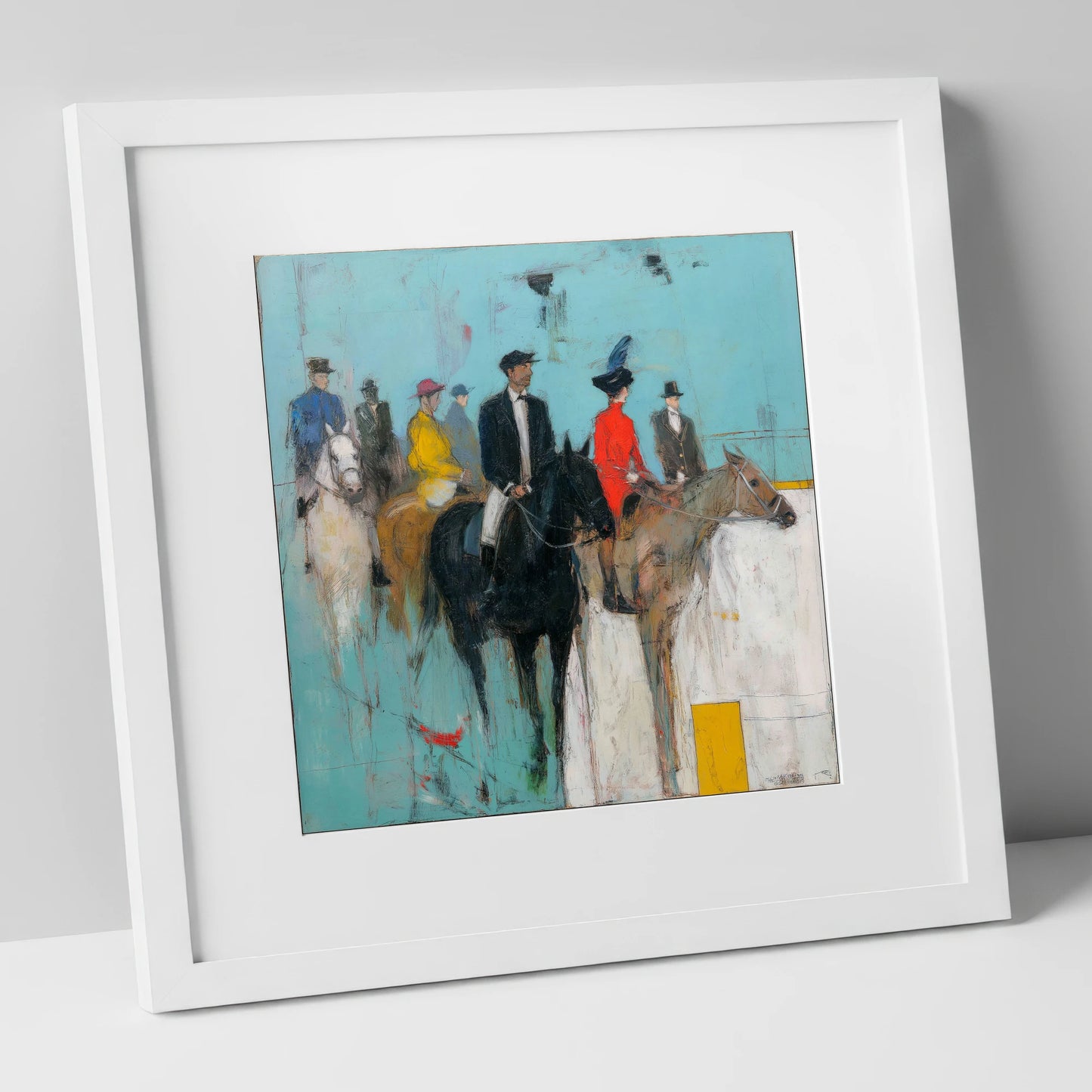 The Paddock Parade racing horse art print in white frame