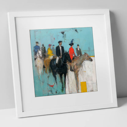 The Paddock Parade racing horse art print in white frame