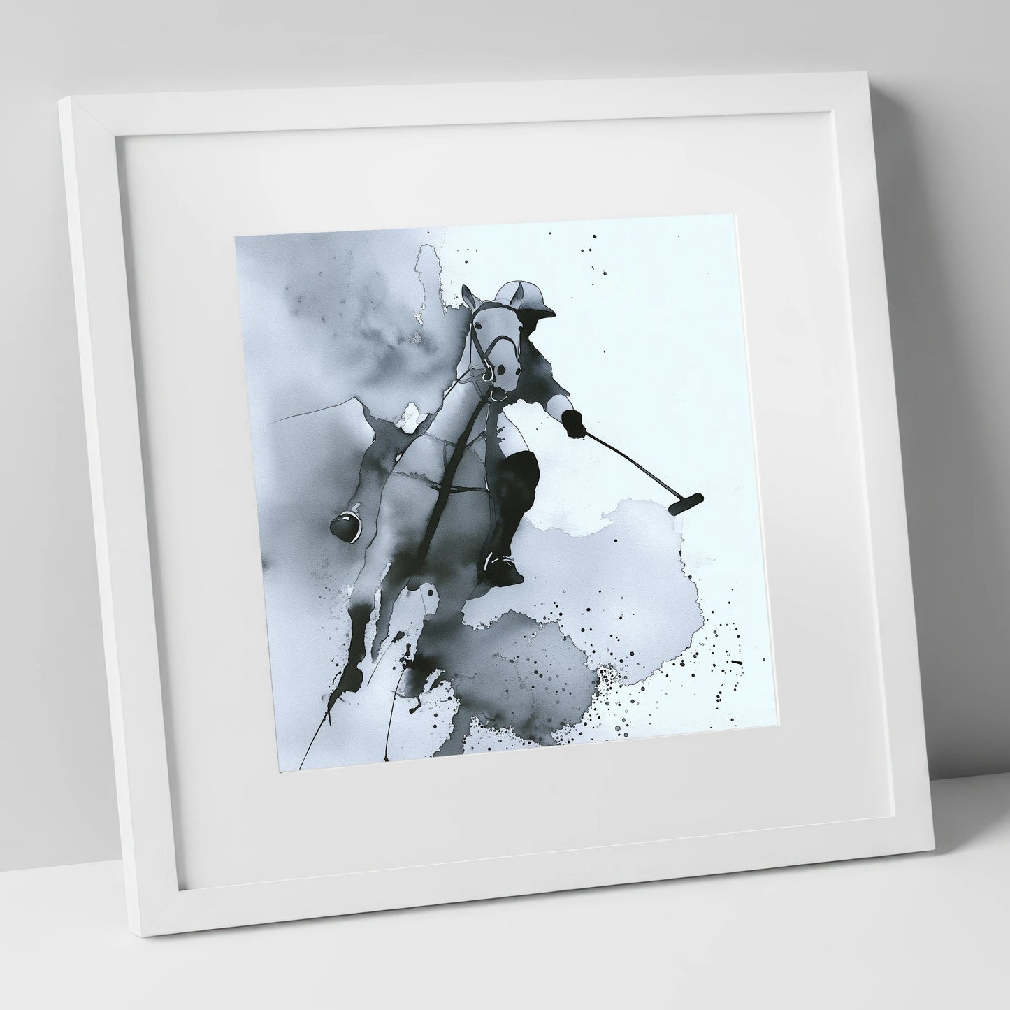 The Striker's Charge polo horse art print in white frame
