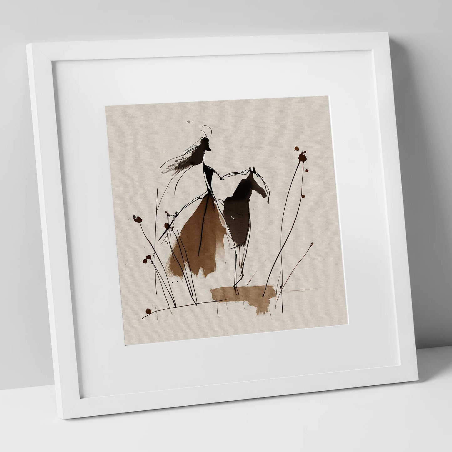 Fluid Harmony horse & rider art print in white frame