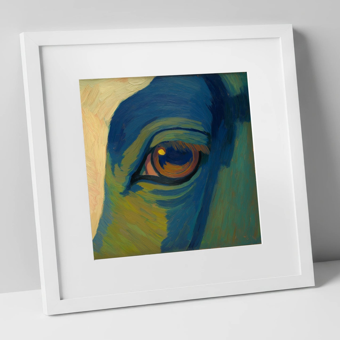 Cobalt Vision horse portrait art print in white frame