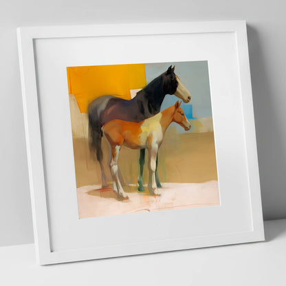 Sunlit Painted Foal mare & foal art print in white frame