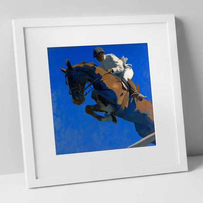 Skyward Bound show jumping horse art print in white frame