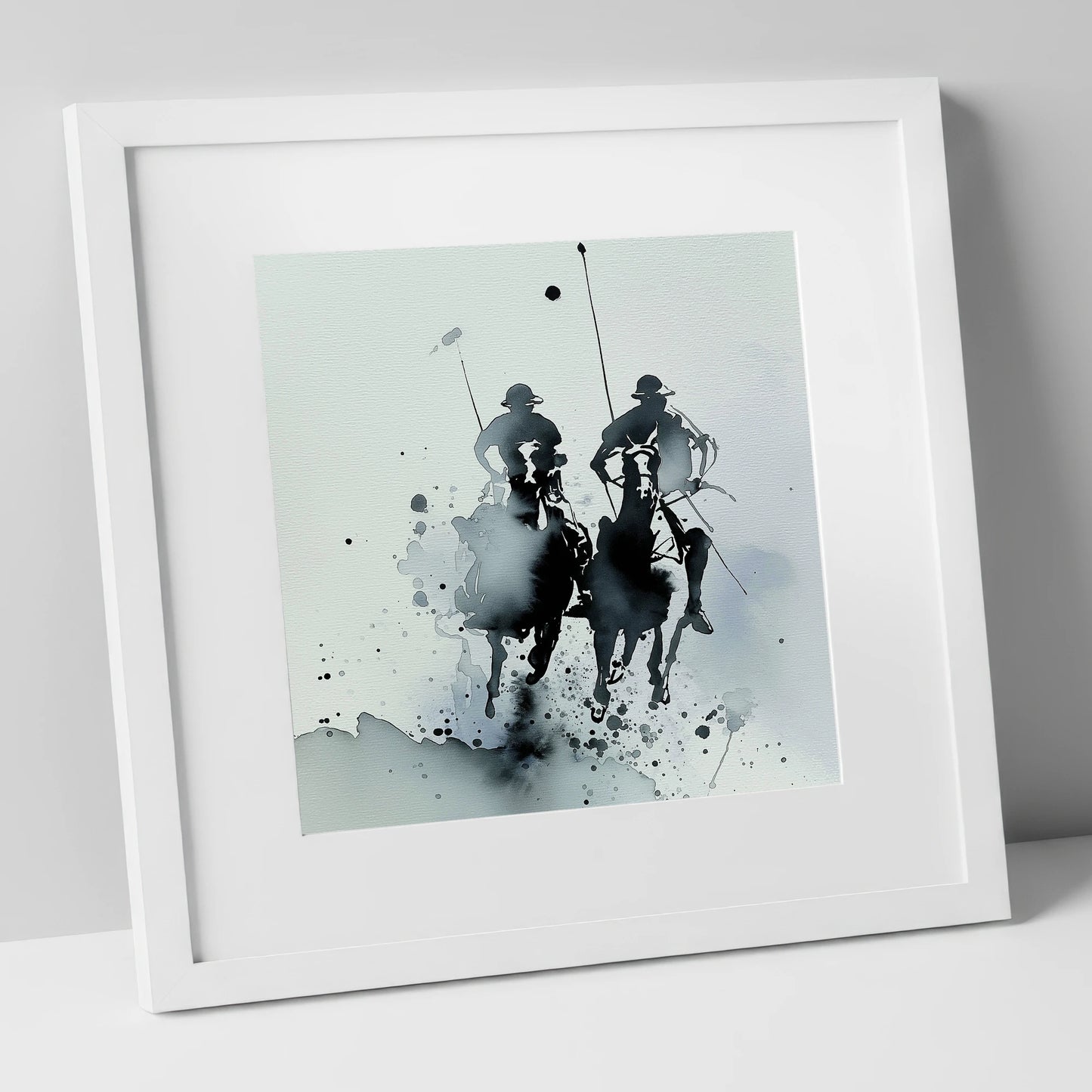 Charge of the Chukka polo horse art print in white frame