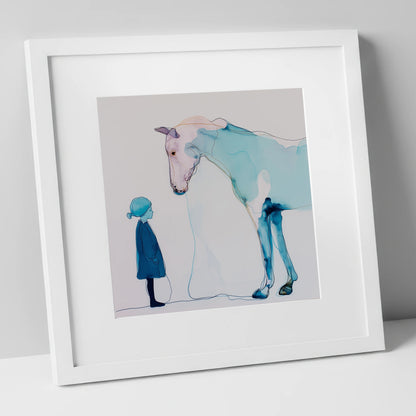 A Quiet Connection horse & rider art print in white frame