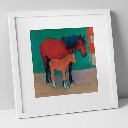 Crimson Mare and Foal mare & foal art print in white frame