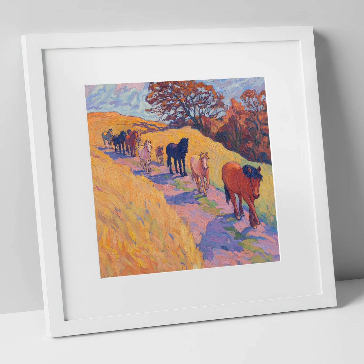 Homeward Bound Herd horse landscape art print in white frame