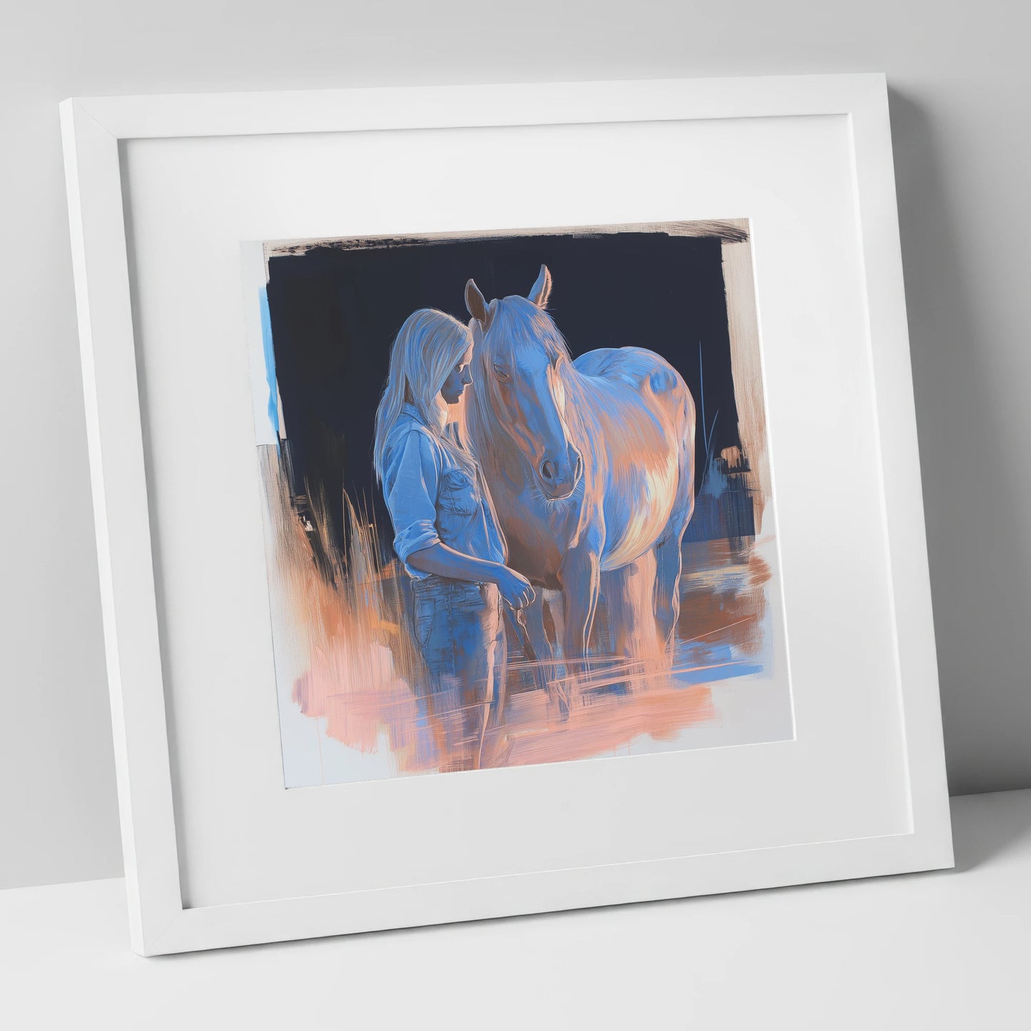 A Quiet Understanding horse & rider art print in white frame