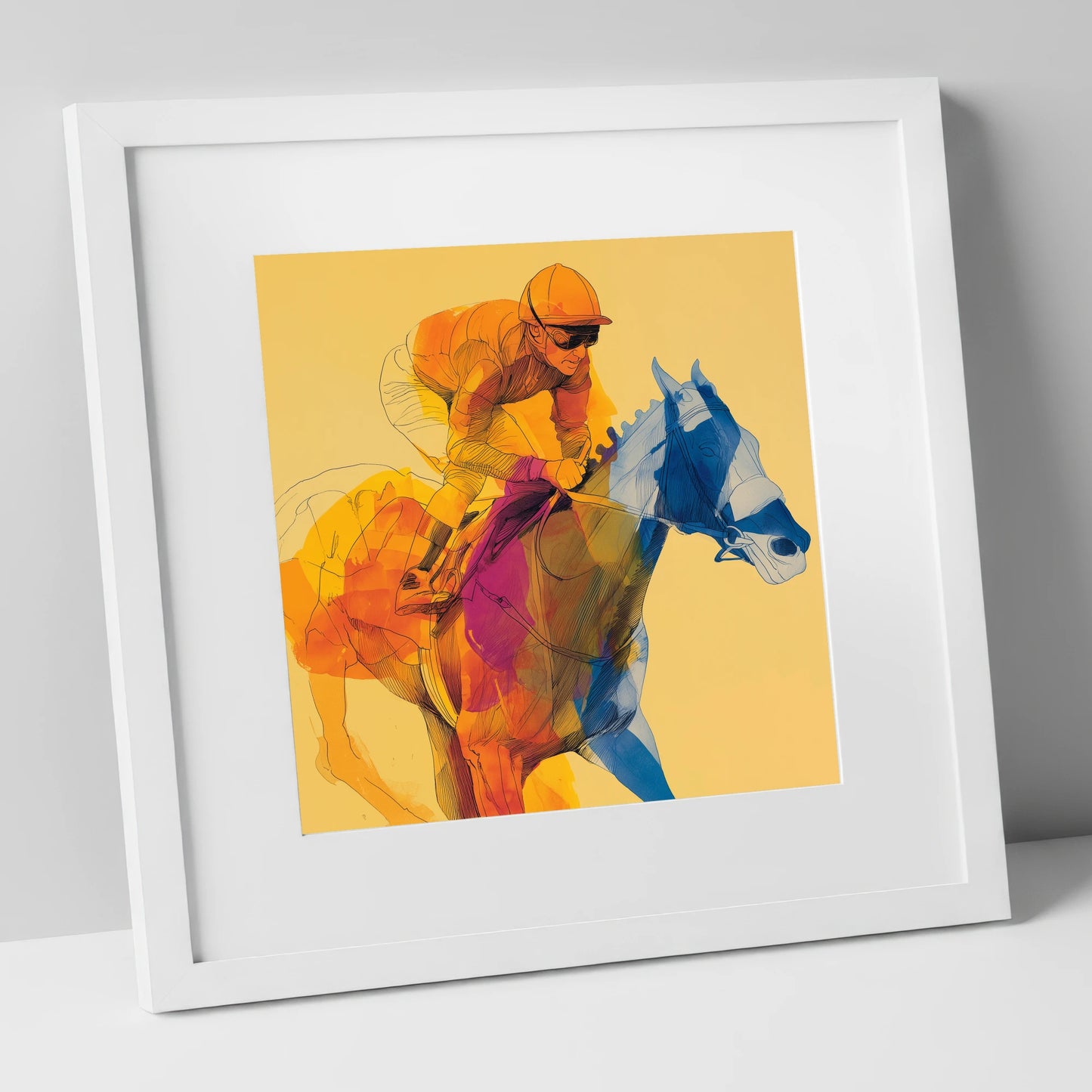 The Golden Furlong racing horse art print in white frame
