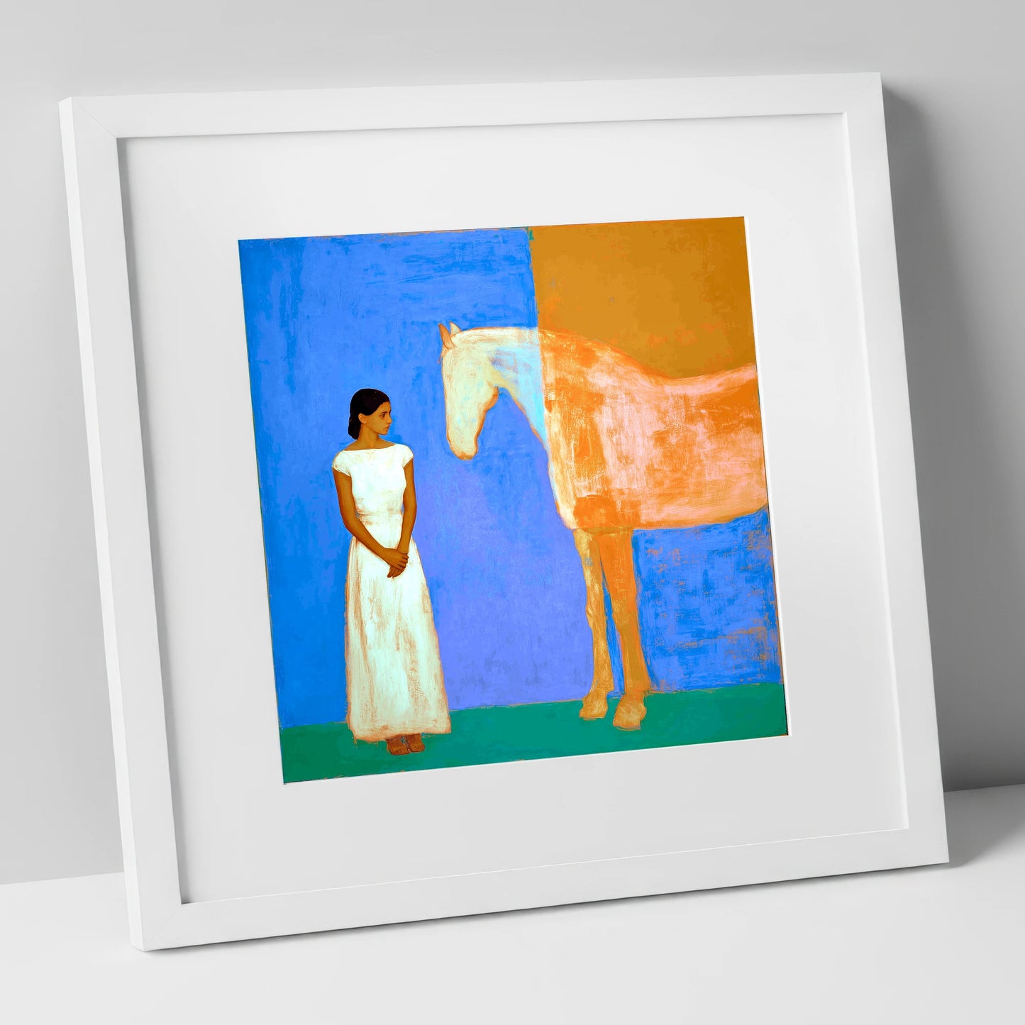 A Silent Understanding horse & rider art print in white frame
