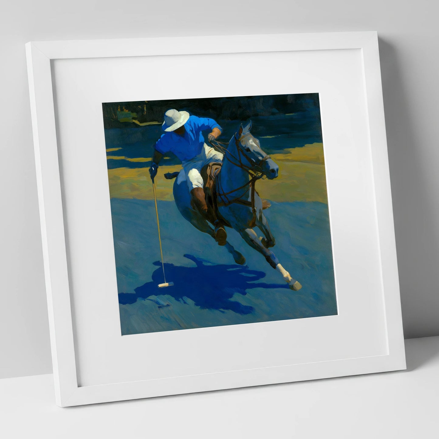 Sunlit Polo Run polo horse art print in white frame
