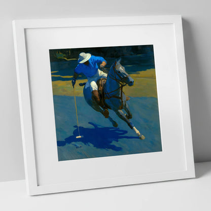 Sunlit Polo Run polo horse art print in white frame