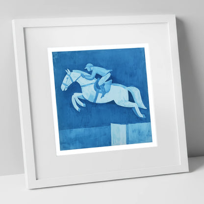 Azure Clear Round show jumping horse art print in white frame