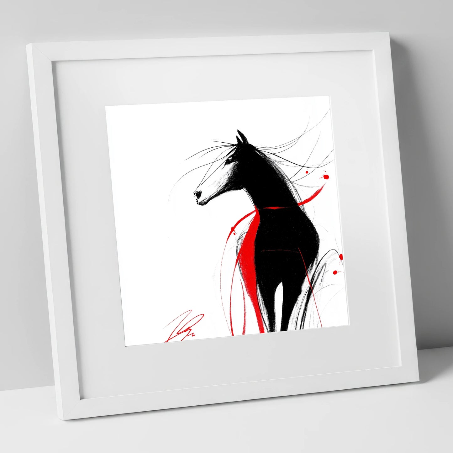 Spirited Silhouette in Red horse portrait art print in white frame