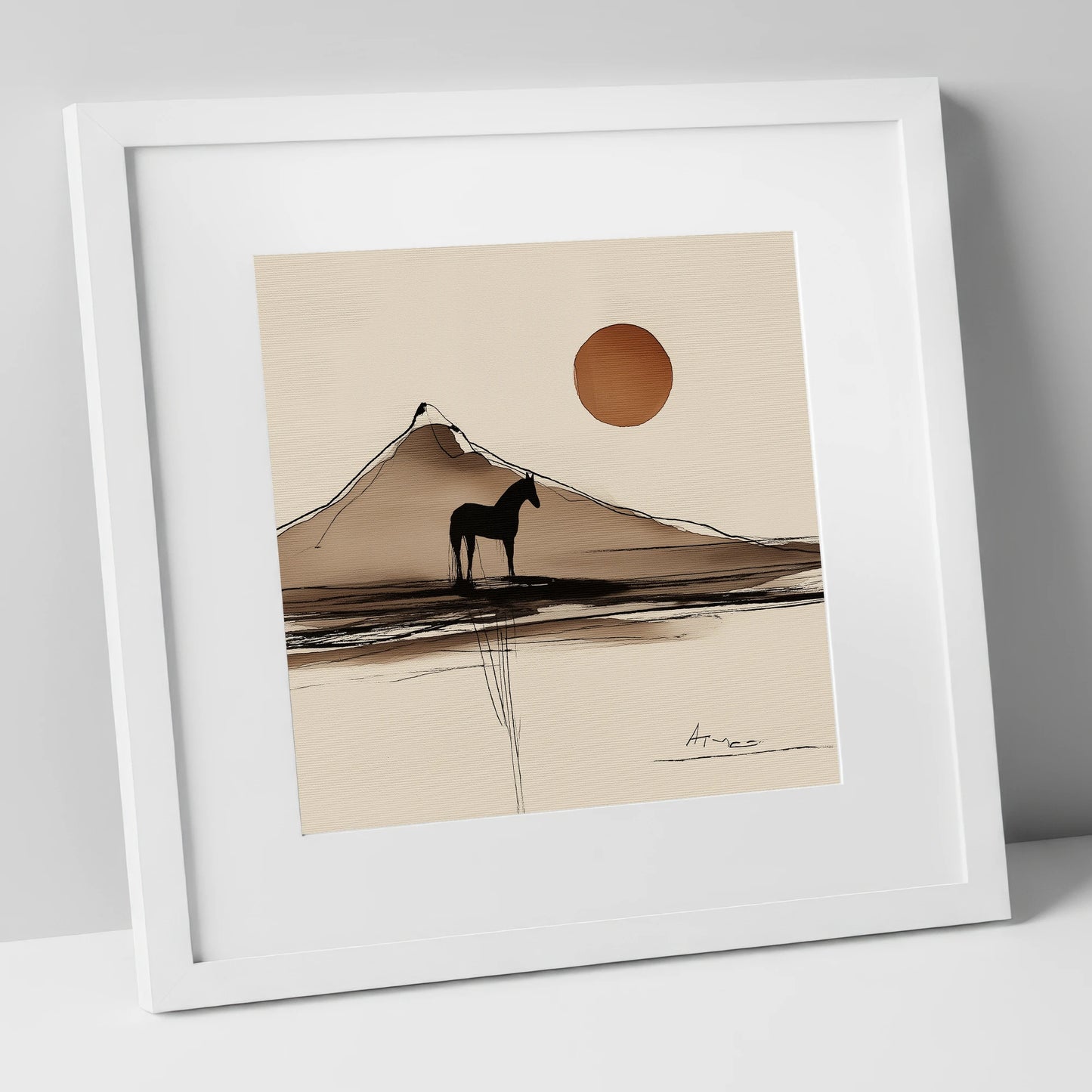 Sepia Mountain Silhouette horse landscape art print in white frame