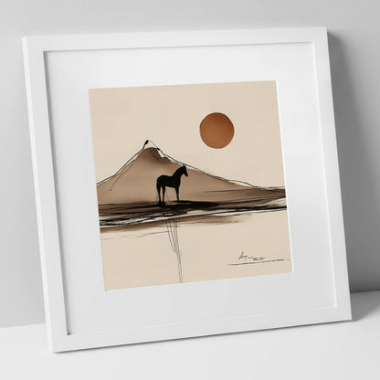 Sepia Mountain Silhouette horse landscape art print in white frame